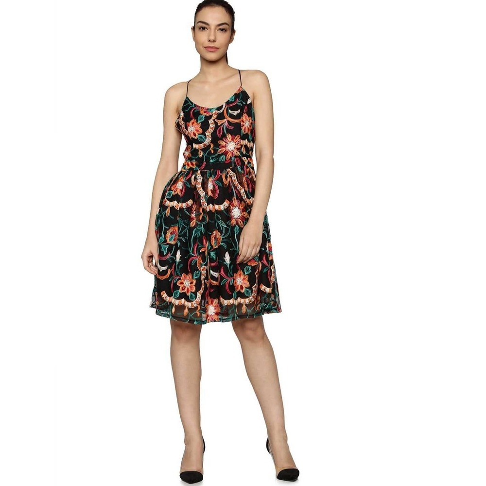 ONLY Monica Floral Embroidered Mesh Fit Flare‎ Dress Black Multi EU 36